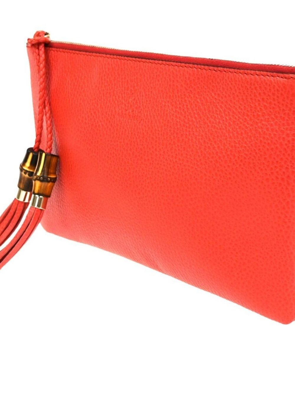 GUCCI Logo Bamboo Charm Clutch Pouch Bag Pebbled Leather Red Italy 61KC890 - Picture 2 of 14